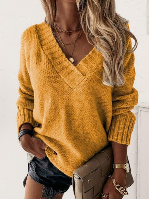 V-Neck Long Sleeve Knit Sweater Sherbet / S