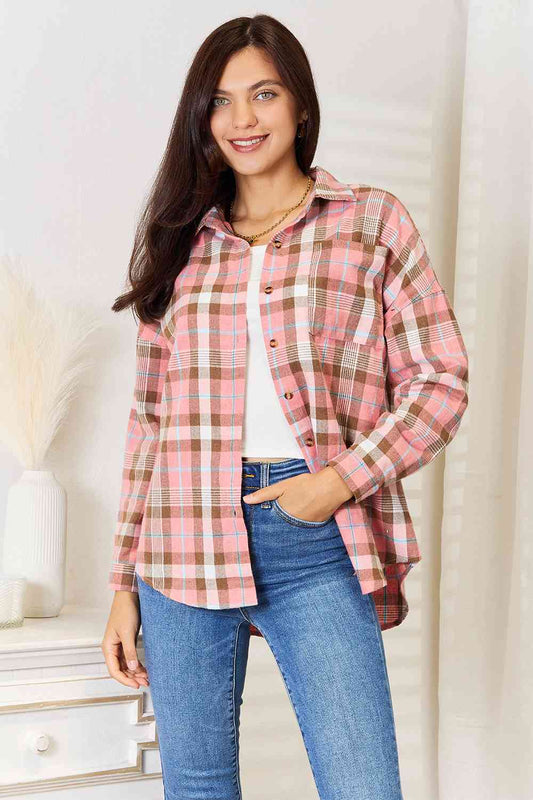Double Take Plaid Collared Neck Long Sleeve Button-Up Shirt Peach / S