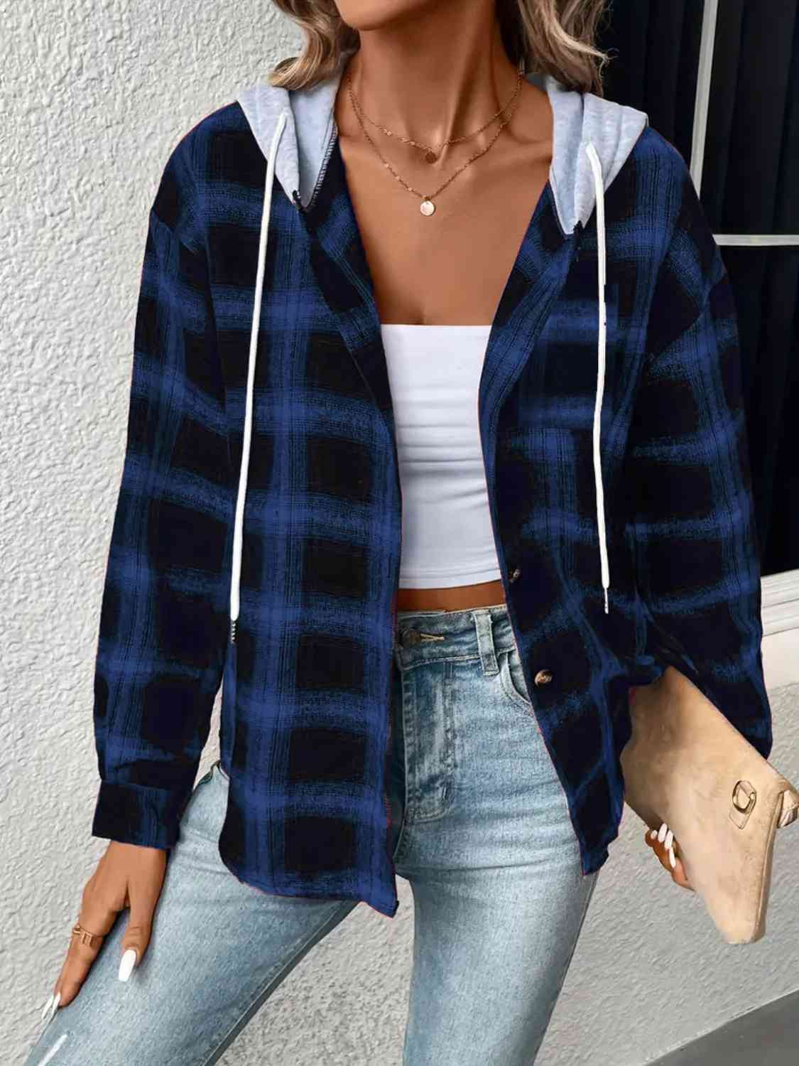 Plaid Drawstring Button Up Hooded Jacket Navy / S