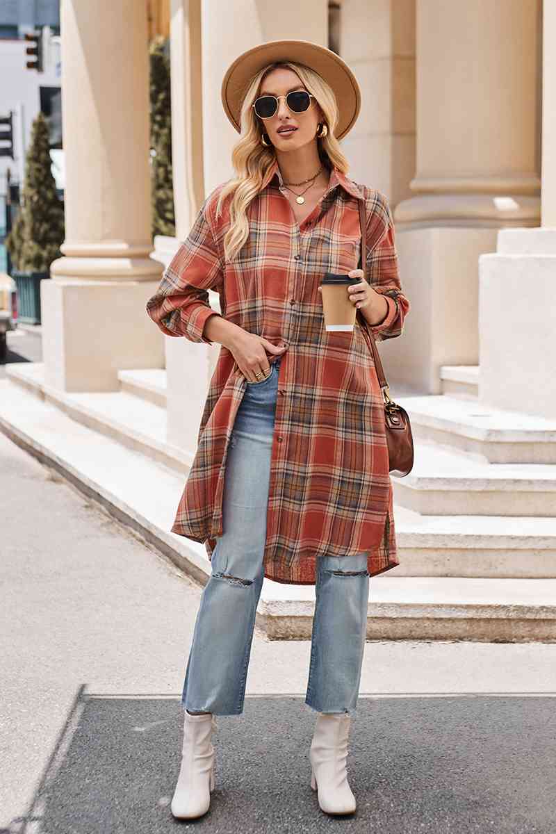 Plaid Collared Neck Long Sleeve Coat Brick Red / S