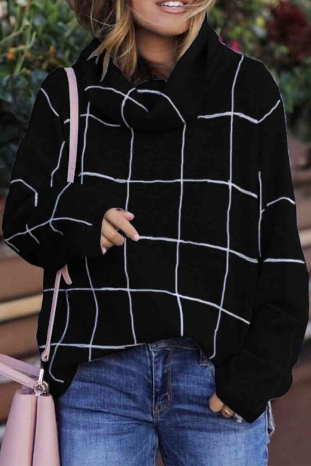 Plaid Turtleneck Drop Shoulder Sweater Black / S