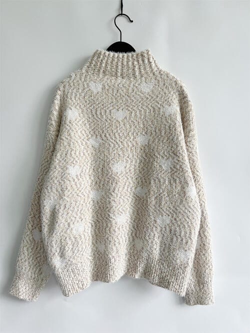 Heart Heathered Turtleneck Drop Shoulder Sweater