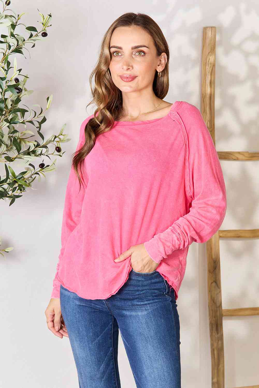 Zenana Round Neck Long Sleeve Top Fuchsia / S