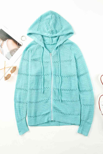 Zip-Up Raglan Sleeve Openwork Hooded Cardigan Pastel  Blue / S