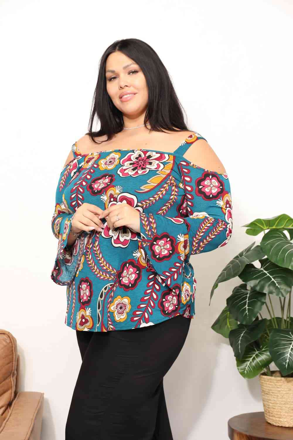 Sew In Love Full Size Floral Cold Shoulder Blouse