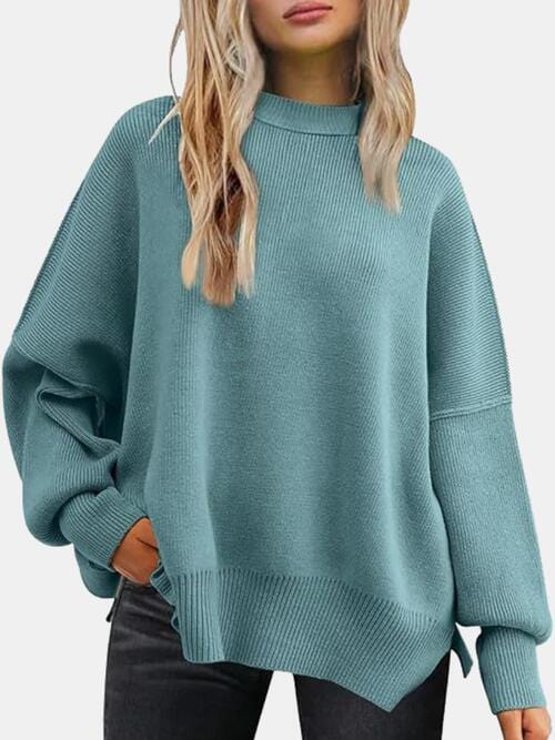 Round Neck Drop Shoulder Slit Sweater Turquoise / S