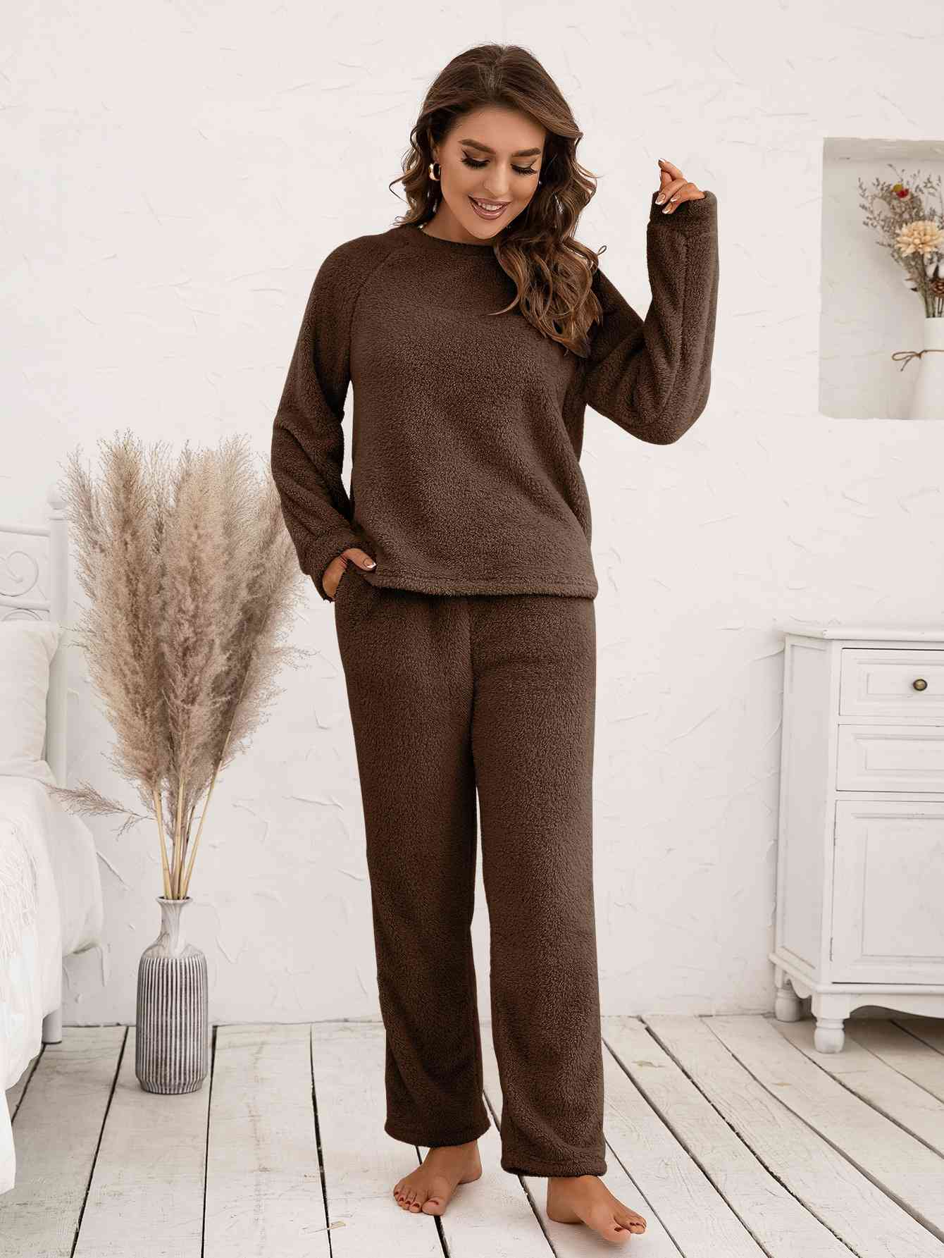 Teddy Long Sleeve Top and Pants Lounge Set Chocolate / S