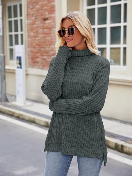 Ribbed Turtleneck Long Sleeve Slit Knit Top Army Green / S