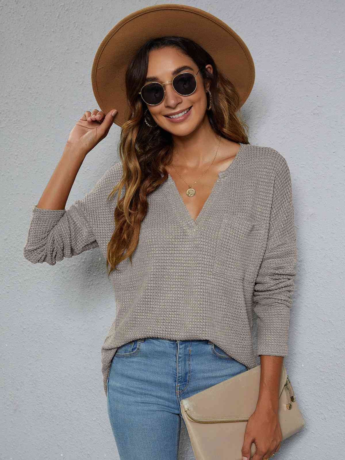 Dropped Shoulder High-Low Waffle-Knit Top Light Gray / S