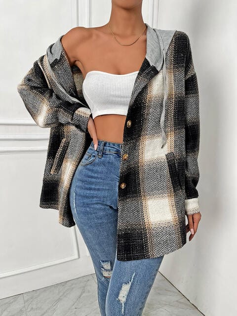 Plaid Drawstring Hooded Jacket Black / S