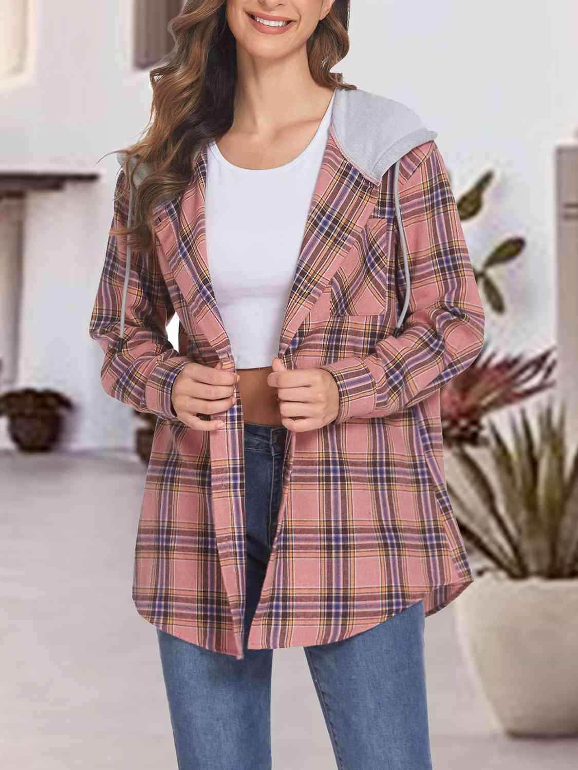 Plaid Drawstring Button Up Hooded Jacket Pale Blush / S