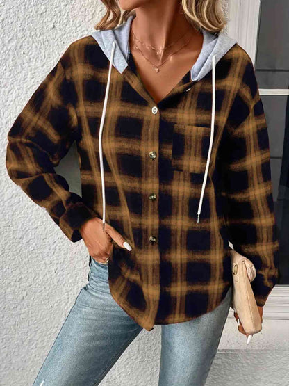 Plaid Drawstring Button Up Hooded Jacket Tan / S