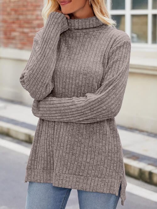 Ribbed Turtleneck Long Sleeve Slit Knit Top Mocha / S