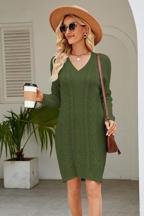 Cable-Knit Long Sleeve Sweater Dress Matcha Green / S