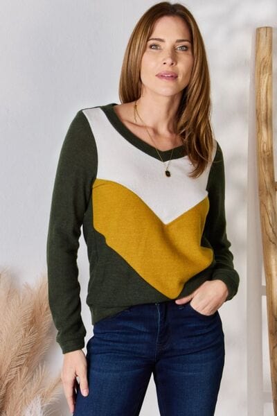 Hailey & Co Full Size Colorblock V-Neck Top Olive / S