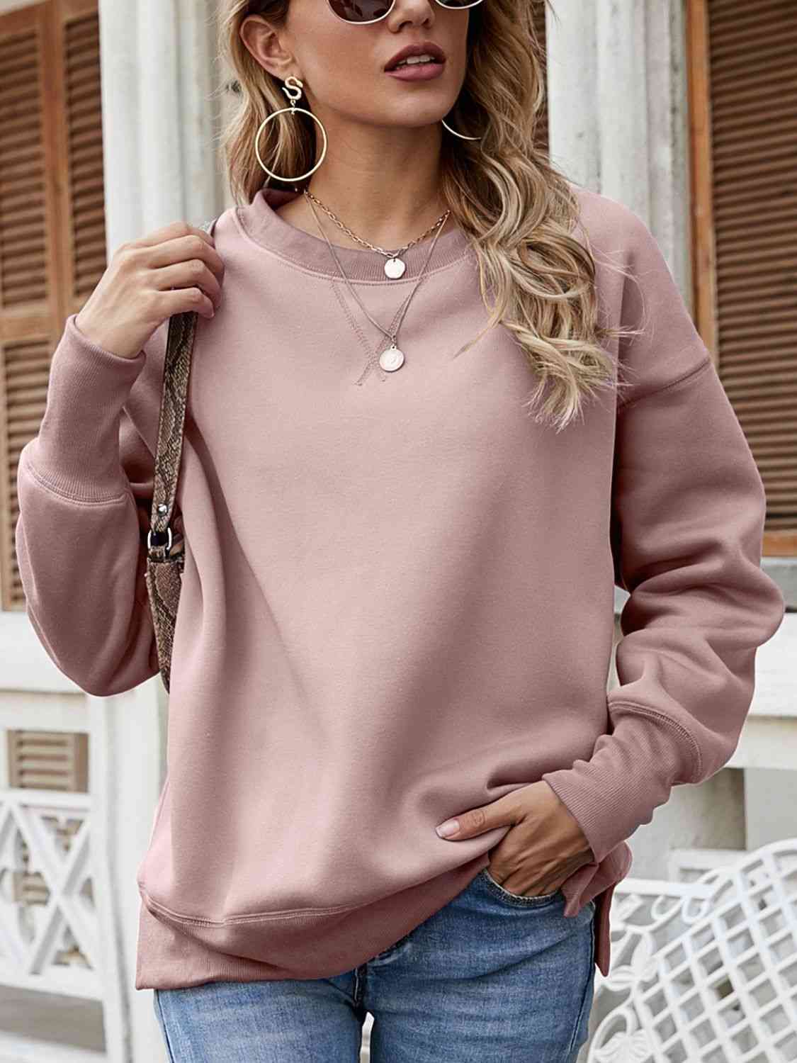 Dropped Shoulder Slit Sweatshirt Dusty Pink / S