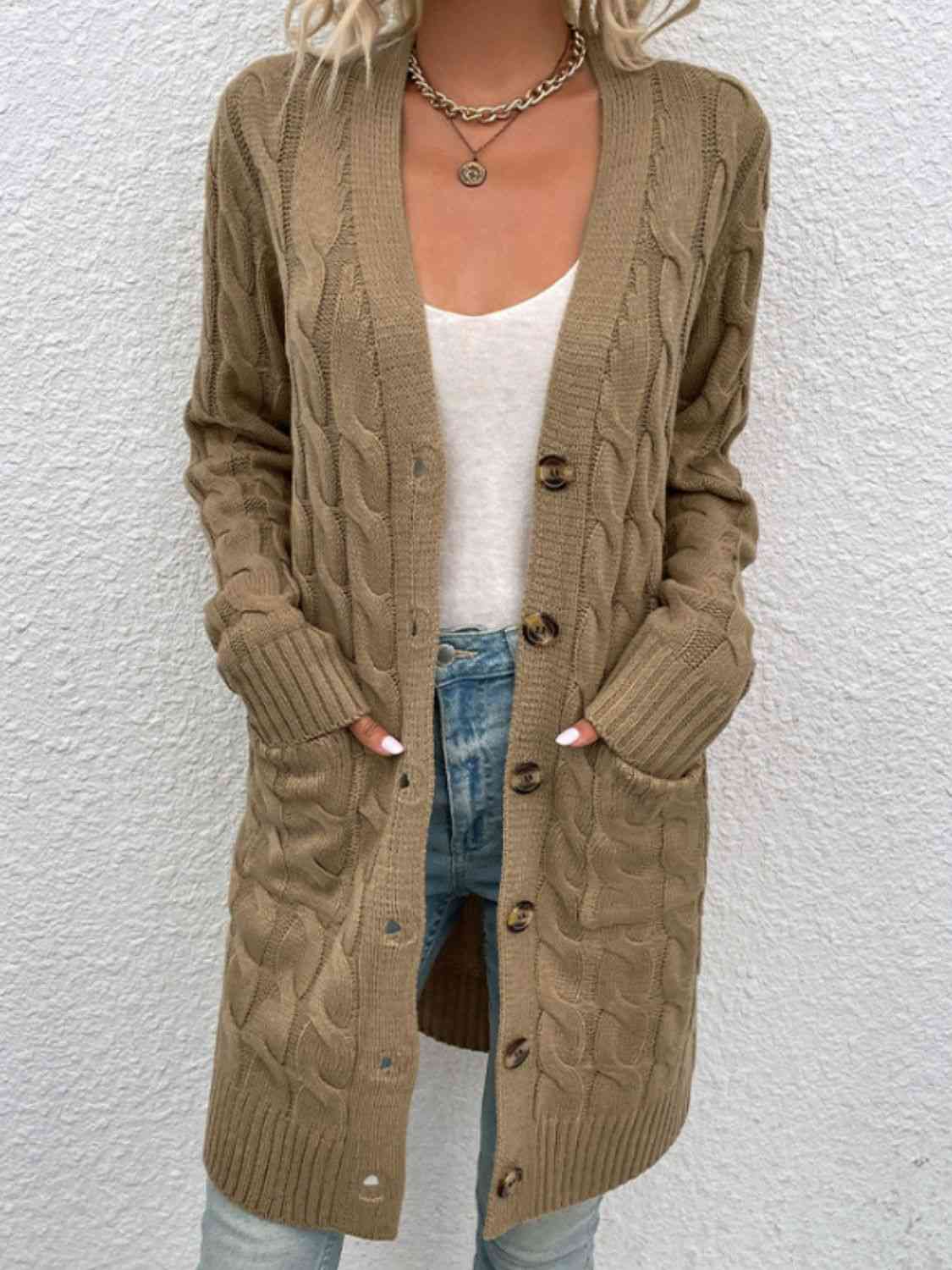 Cable-Knit Button Down Cardigan with Pockets Taupe / S