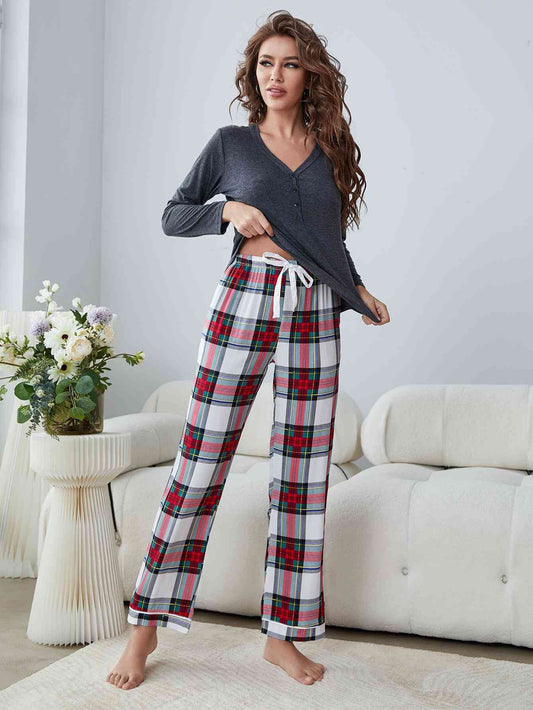 Henley Long Sleeve Top and Plaid Pants Lounge Set Grey / S