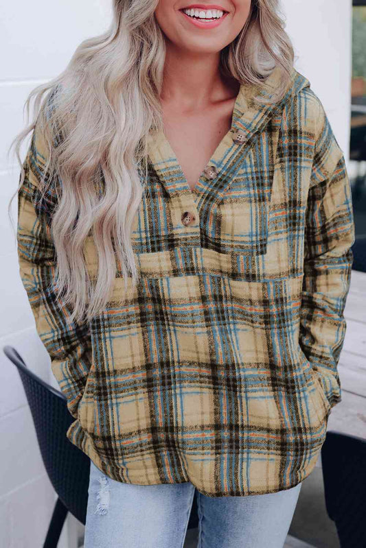 Plaid Long Sleeve Buttoned Hoodie Chartreuse / S