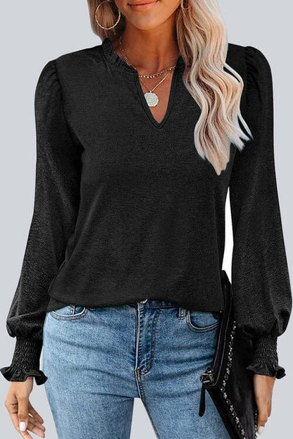 Frill Notched Neck Smocked Designed Long Sleeve Top Black / S