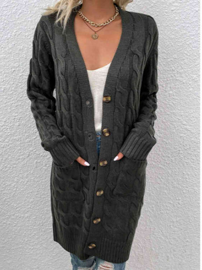 Cable-Knit Button Down Cardigan with Pockets Charcoal / S
