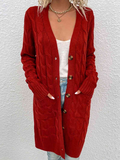 Cable-Knit Button Down Cardigan with Pockets Deep Red / S