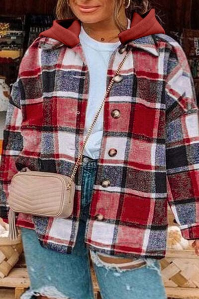 Plus Size Brick Plaid Button Up Hooded Jacket