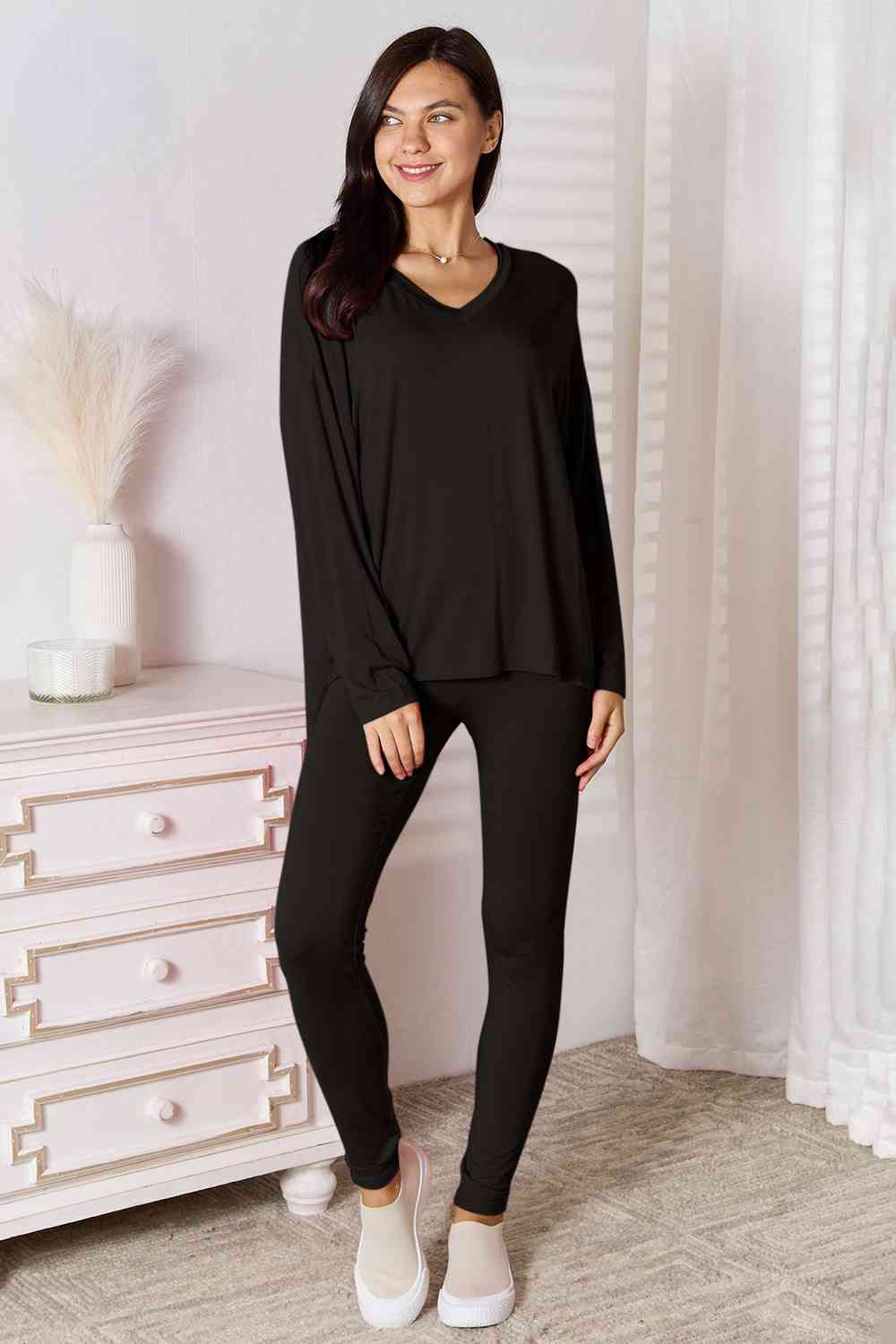 Basic Bae Full Size V-Neck Soft Rayon Long Sleeve Top and Pants Lounge Set Black / S