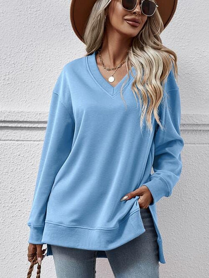 V-Neck Slit Long Sleeve Sweatshirt Pastel  Blue / S