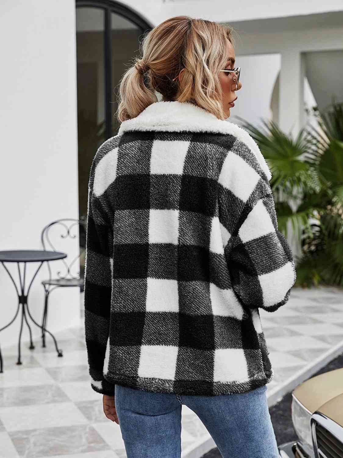 Fuzzy Plaid Zip-Up Collared Jacket