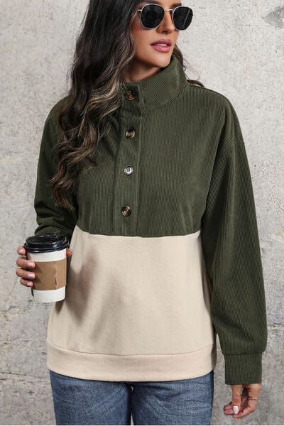 Ribbed Color Block Half Button Sweatshirt Green / S