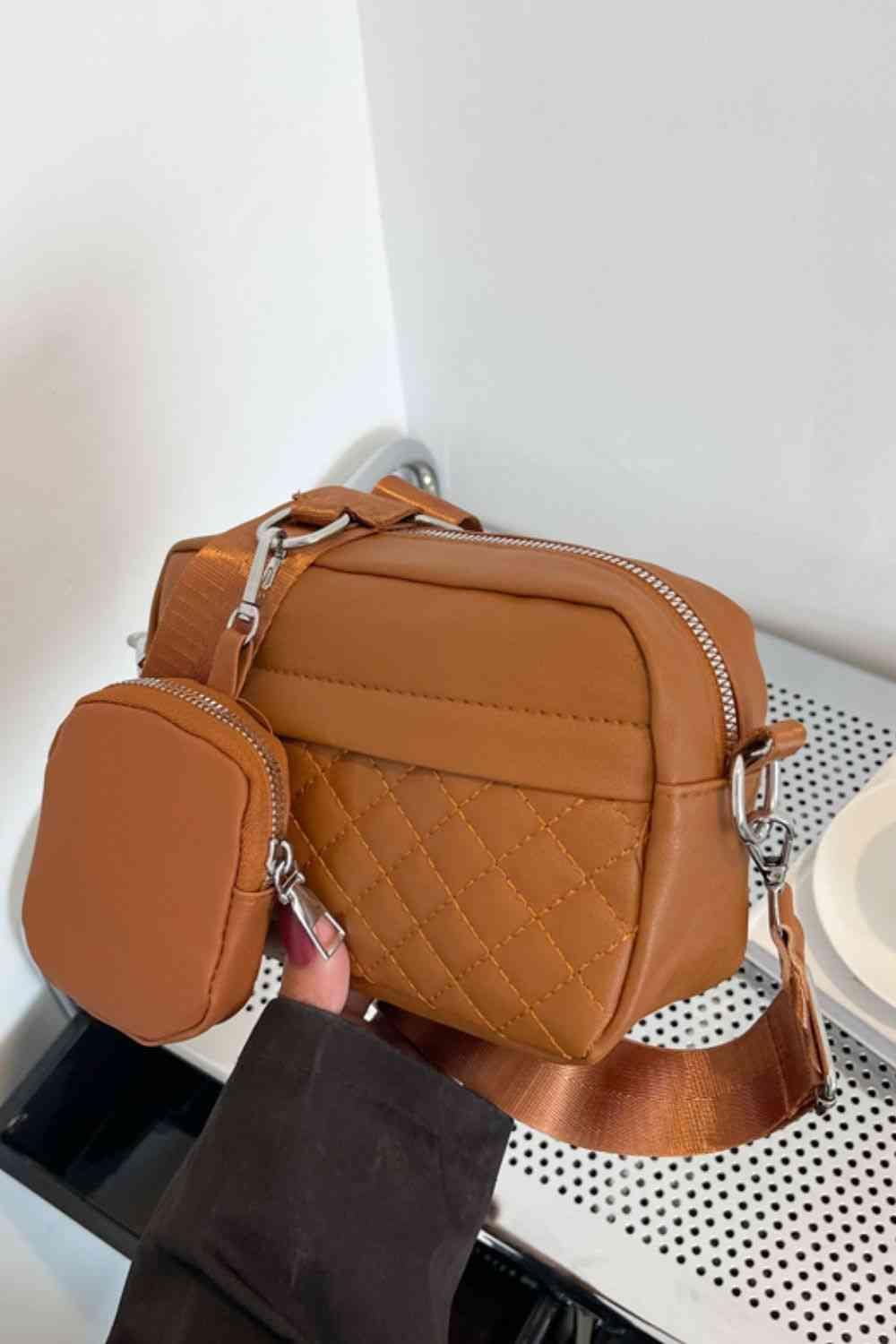 Adored Quilted Stitching Vegan Leather Crossbody Bag with Small Purse Caramel / One Size