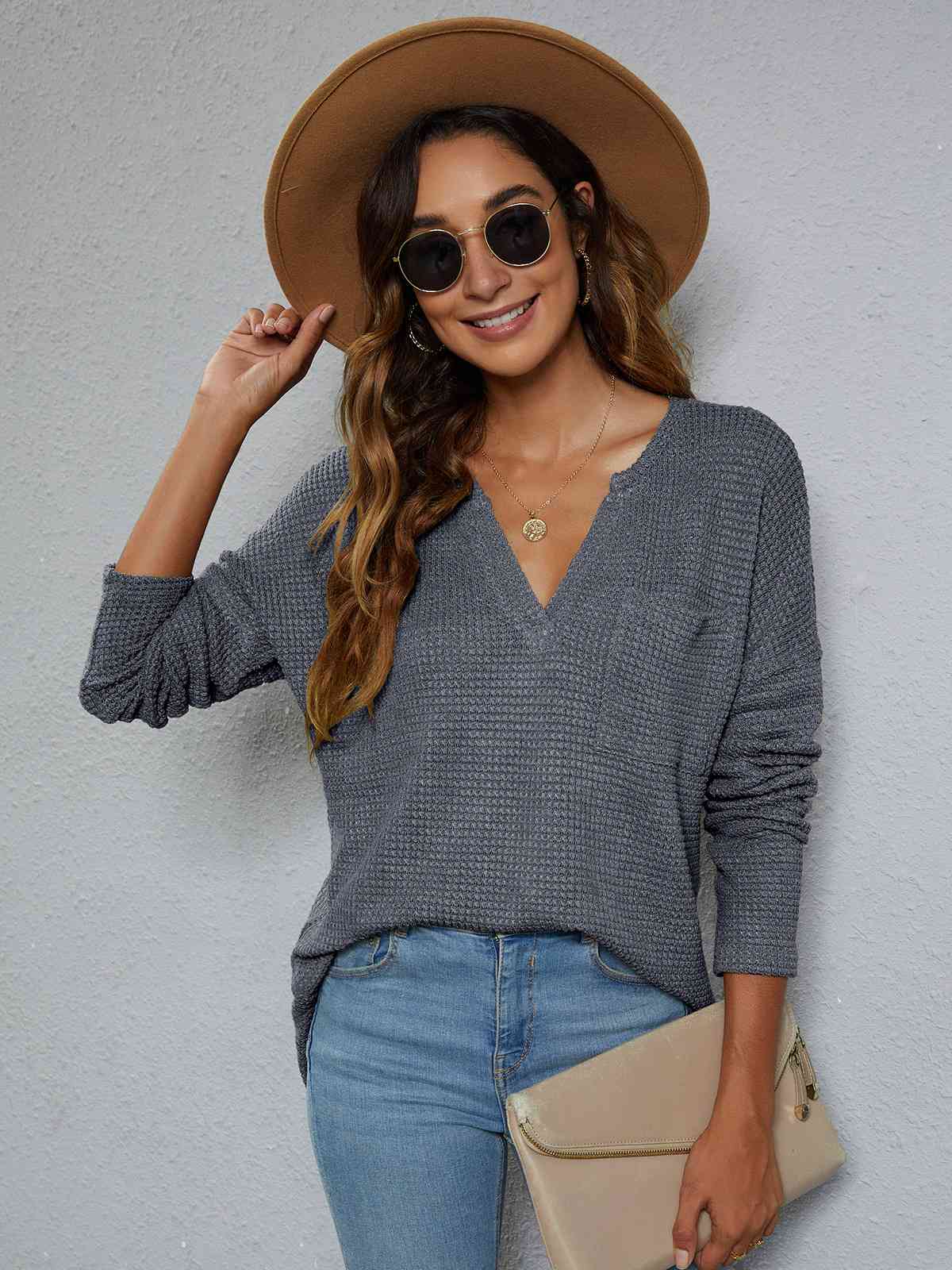 Dropped Shoulder High-Low Waffle-Knit Top Charcoal / S