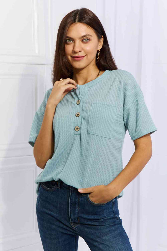 Heimish Made For You Full Size 1/4 Button Down Waffle Top in Blue Pastel  Blue / S