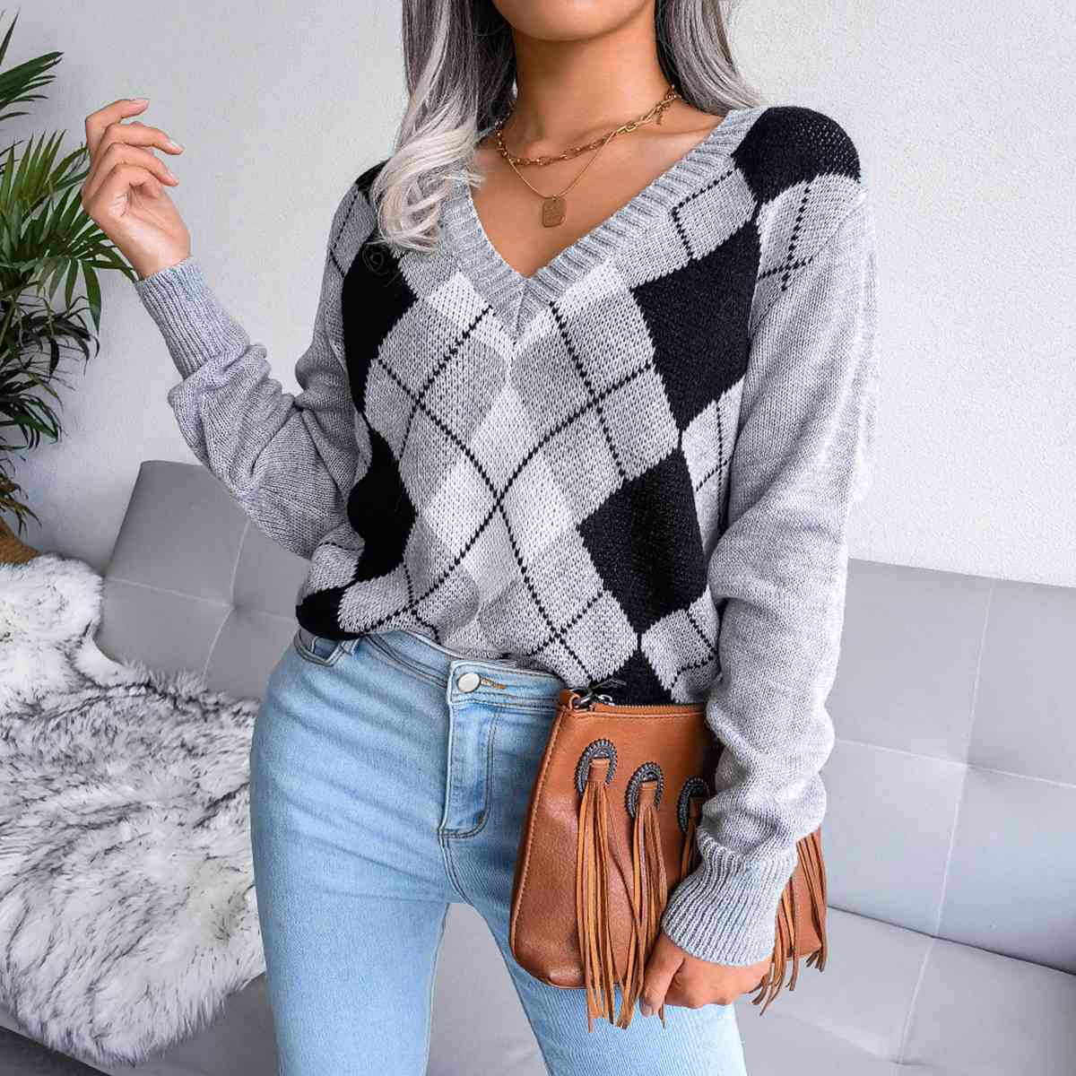 Argyle V-Neck Sweater