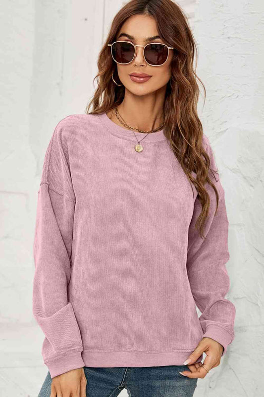 Dropped Shoulder Round Neck Ribbed Sweatshirt Dusty Pink / S