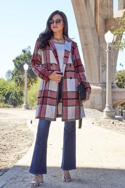 Double Take Full Size Plaid Button Up Lapel Collar Coat Deep Red / S