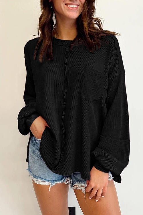 Waffle-Knit Exposed Seam Lantern Sleeve Top Black / S