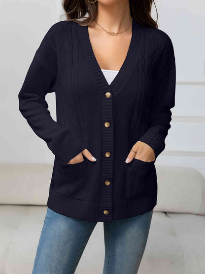 V-Neck Long Sleeve Buttoned Knit Cardigan with Pocket