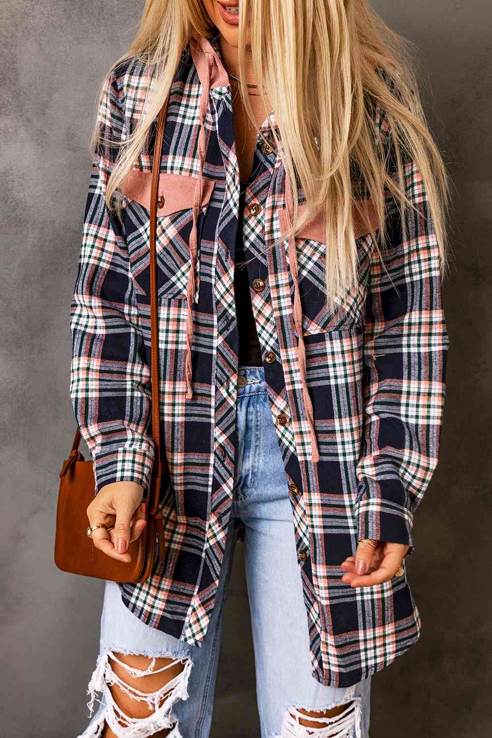 Plaid Drawstring Hooded Jacket with Pockets Plaid / S