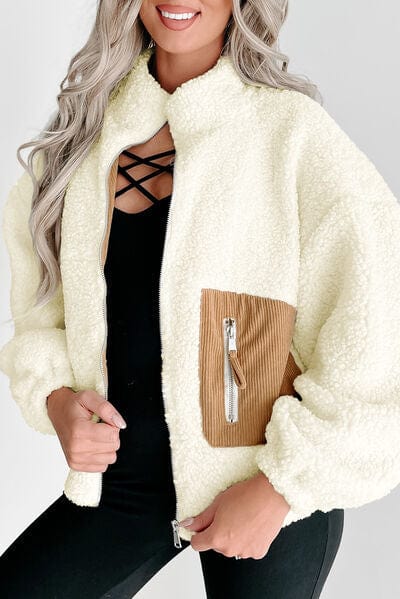 Contrast Zip Up Long Sleeve Jacket Cream / S