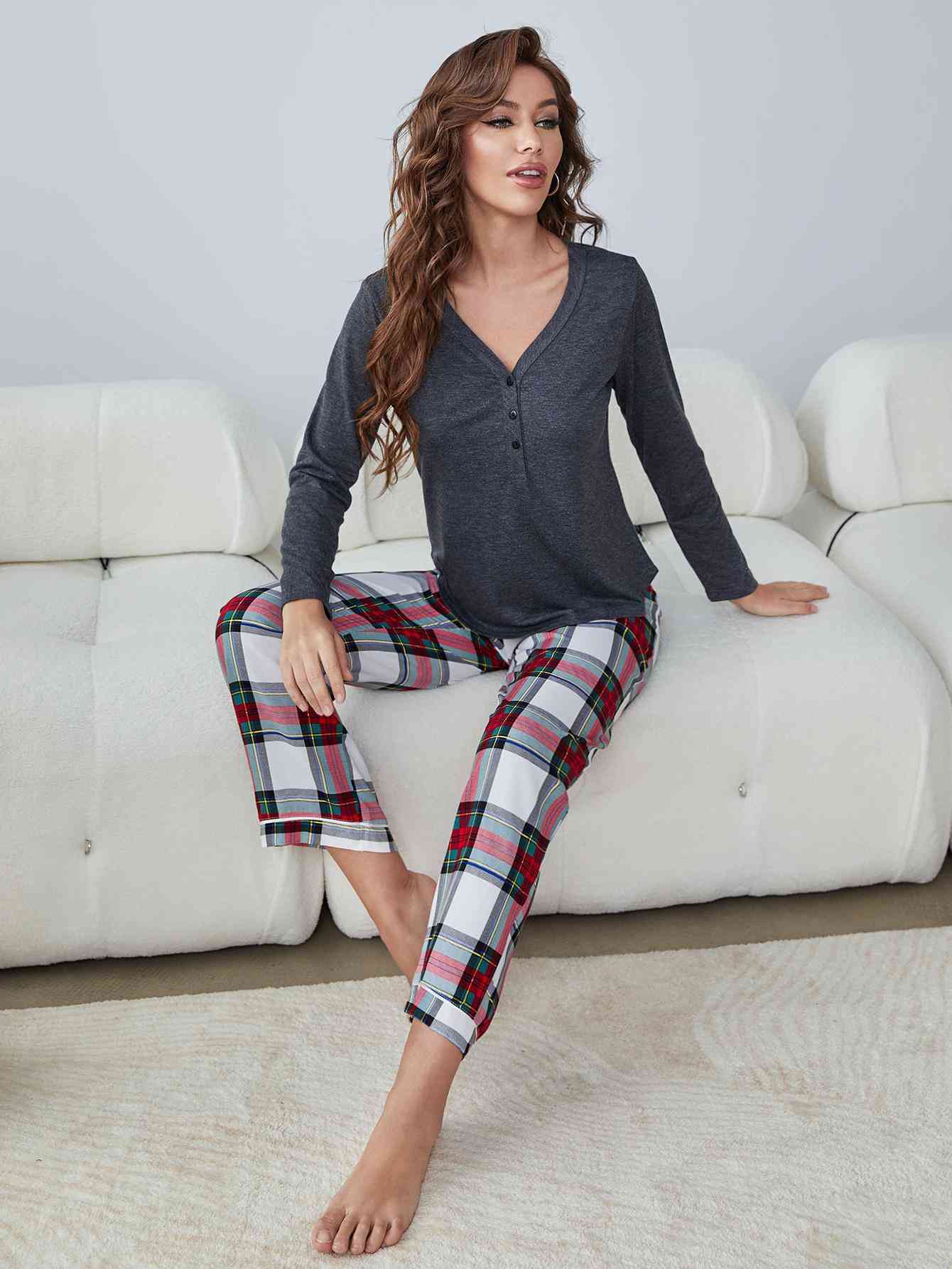 Henley Long Sleeve Top and Plaid Pants Lounge Set