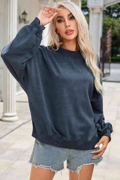 Ribbed Round Neck Dropped Shoulder Sweatshirt