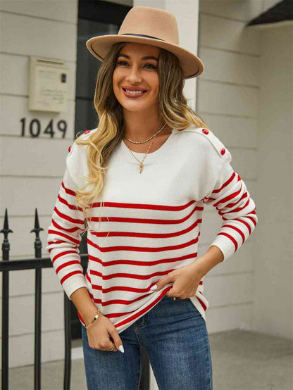 Round Neck Shoulder Button Striped Pullover Sweater Deep Red / S