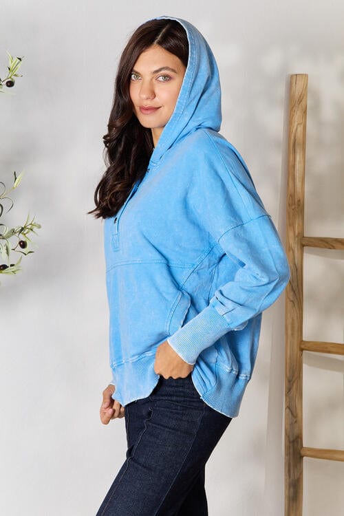 Zenana Half Snap Sky Blue Hoodie with Pockets