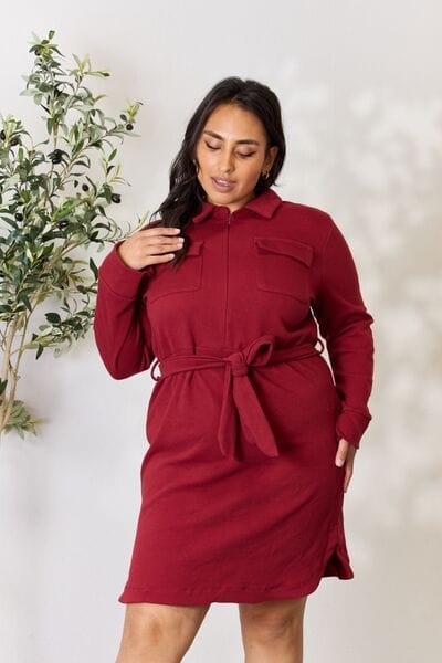 Culture Code Full Size Tie Front Half Zip Long Sleeve Shirt Dress BURGUNDY / S