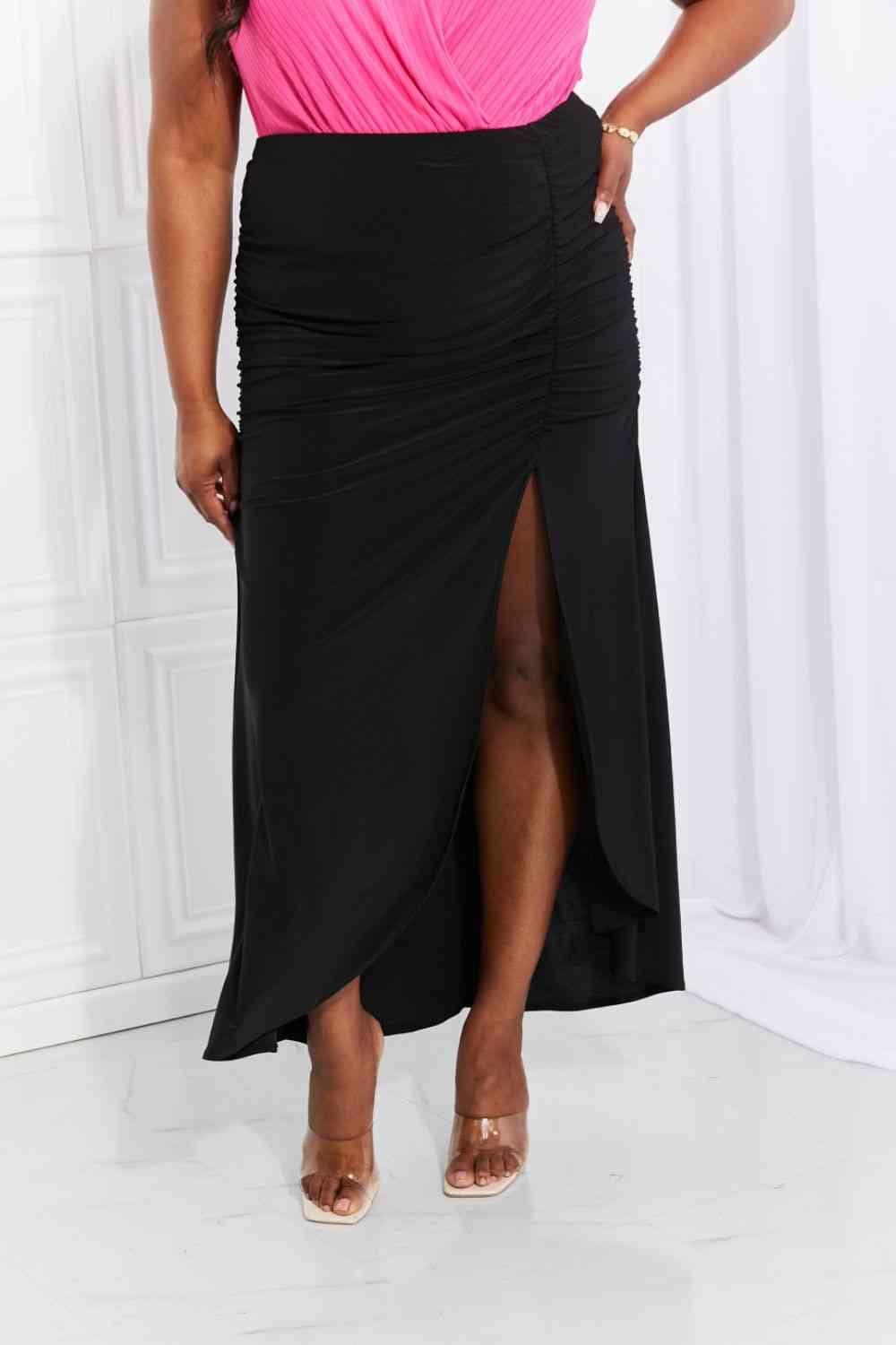 White Birch Full Size Up and Up Ruched Slit Maxi Skirt in Black Black / S