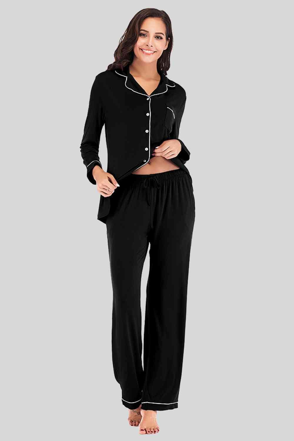 Collared Neck Long Sleeve Loungewear Set with Pockets Black / S
