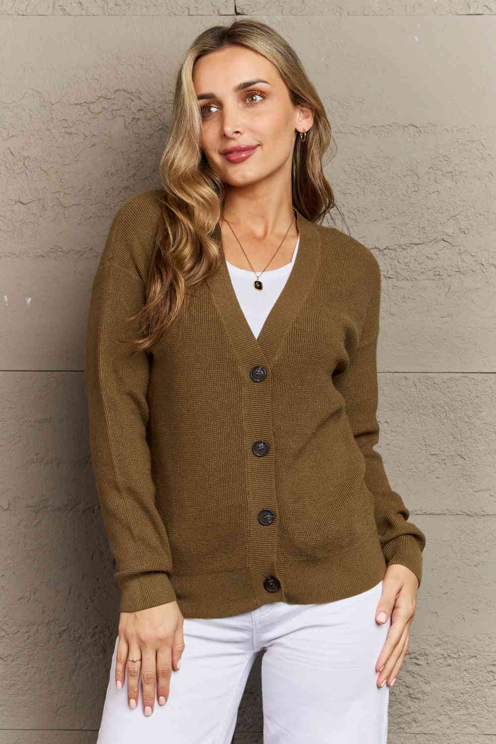 Zenana Kiss Me Tonight Full Size Button Down Cardigan in Olive Olive / S