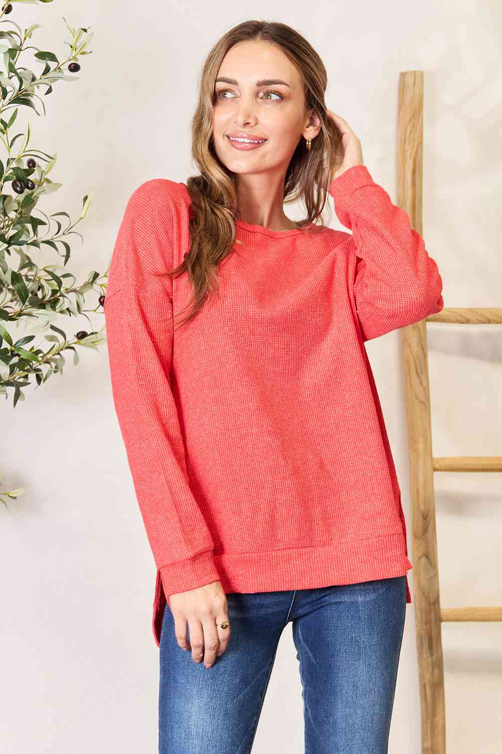 Basic Bae Round Neck Drop Shoulder Slit Sweatshirt Orange / S